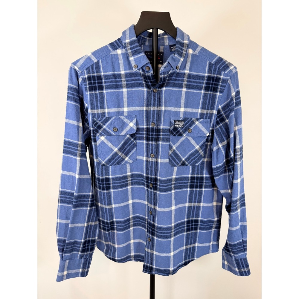 Perry Ellis America Mens Blue White Plaid Flannel Button Down Shirt Size Medium